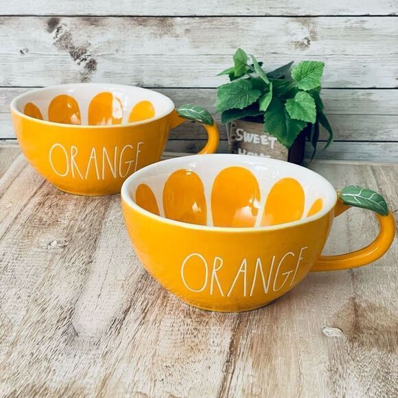 NWT Set of 2,Gorgeous Rae Dunn ORANGE Glossy Ceramic Mugs Set with leaf handle - Picture 13 of 17